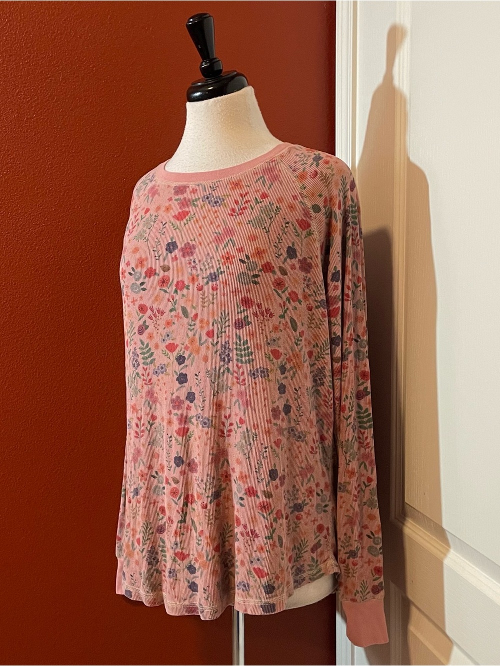 Natural Life Women’s Pullover Floral Waffle Long Sleeve Comfort Rayon Blend Top